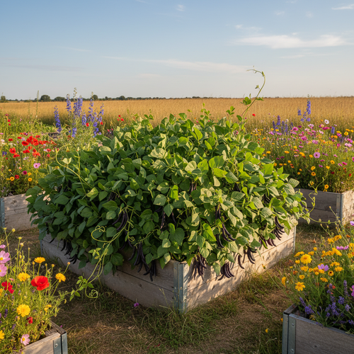 Black Turtle Bean plants growing in raised bed with colorful mixed flowers in background