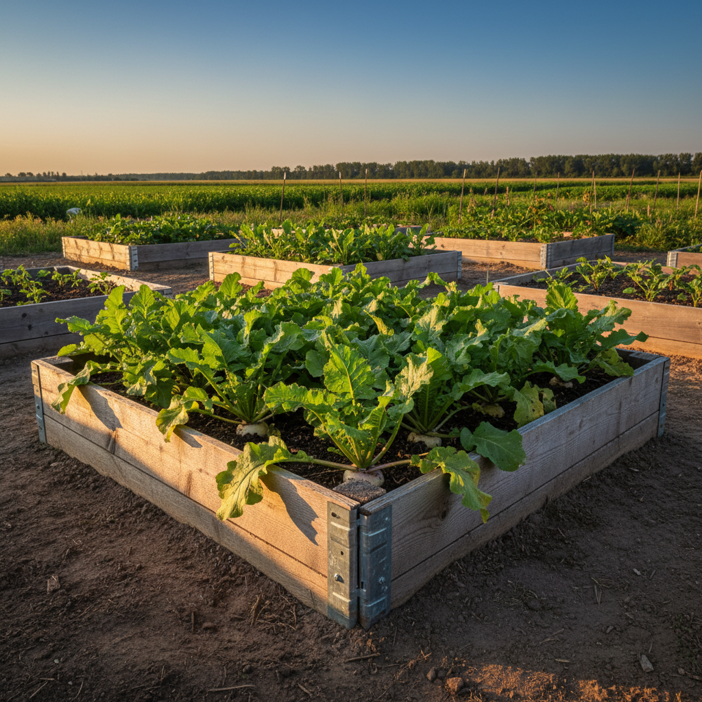 Purple Top White Globe turnips growing in a raised bed with leafy tops and roots beneath the soil