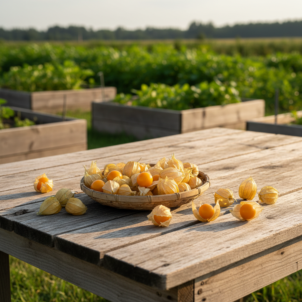 Small golden-yellow Pineapple Tomatillo fruits in papery husks on a rustic basket and weathered wooden table with raised beds and a distant treeline.