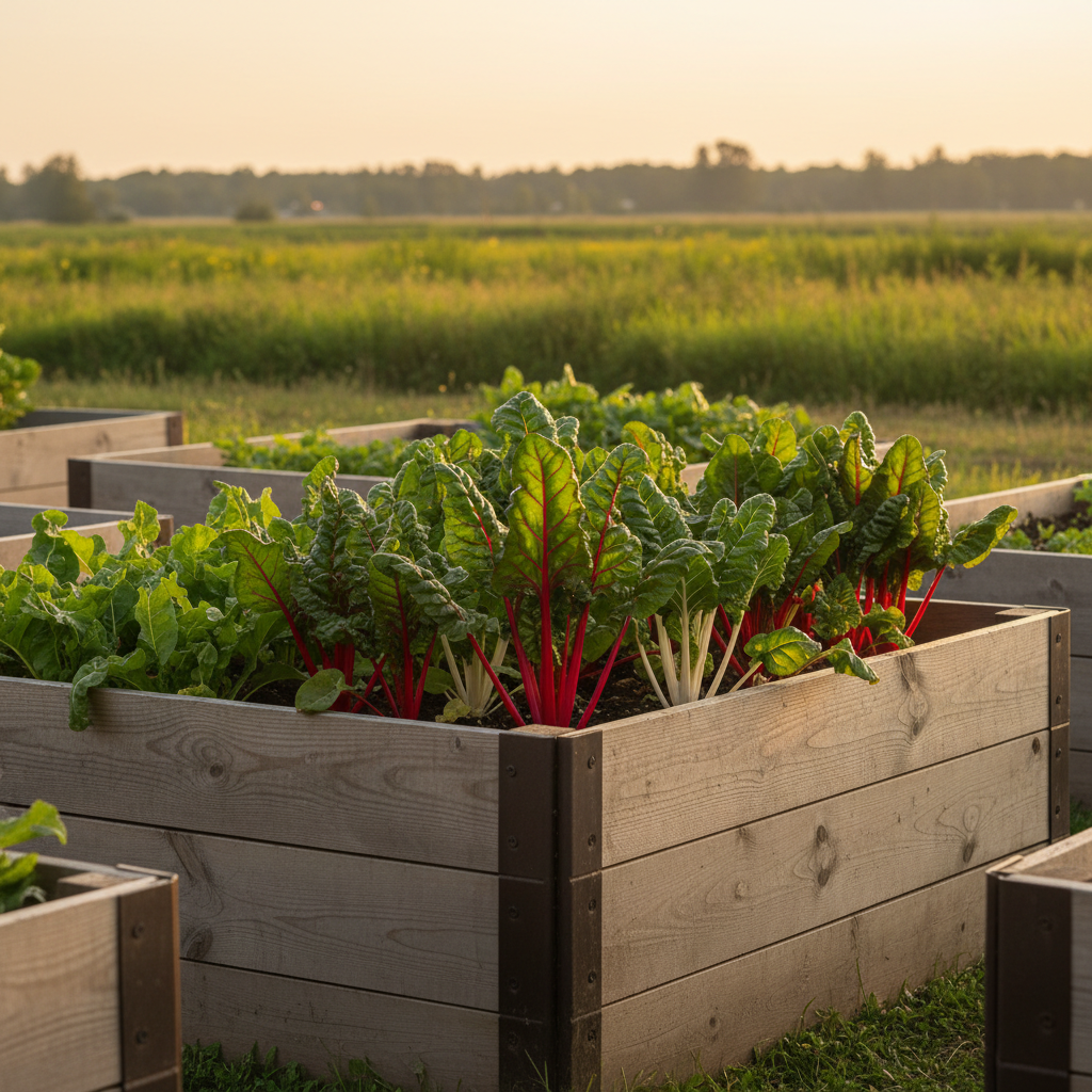 Ruby Red Swiss Chard with dark green leaves and vivid red stems growing in an angled raised bed with indistinct vegetation and a distant treeline.