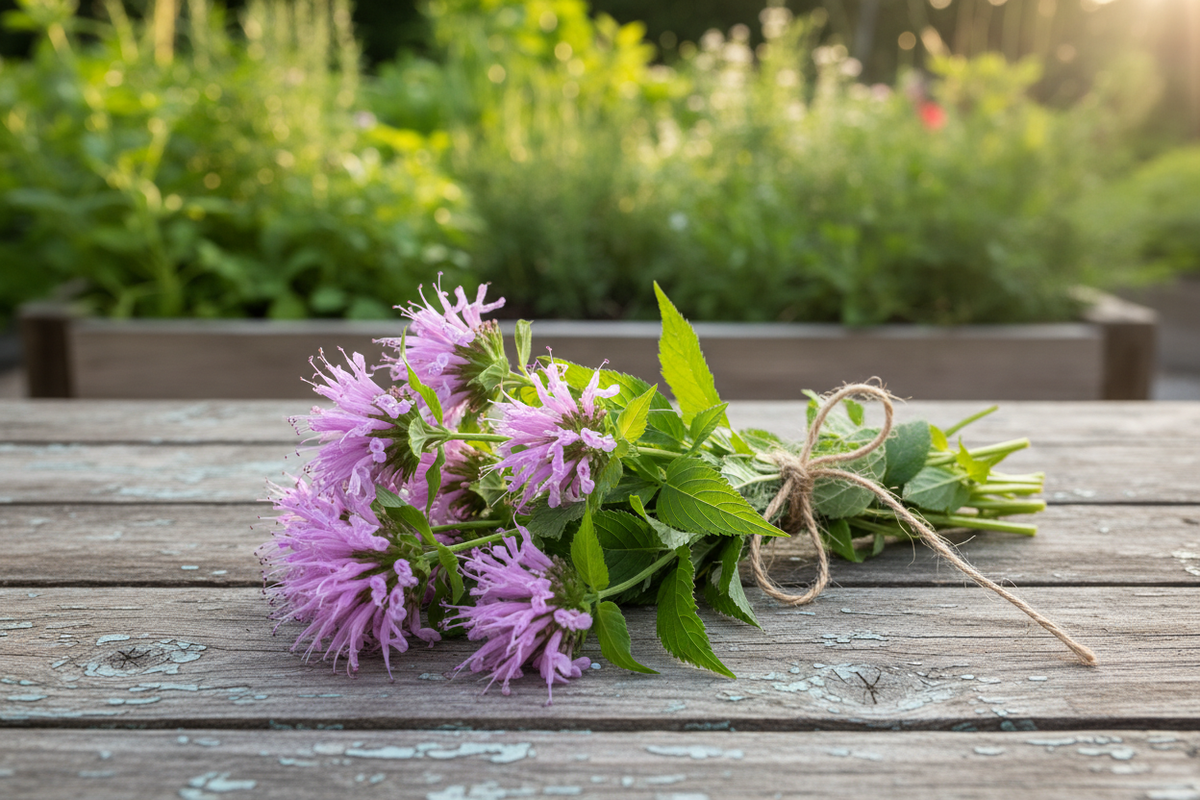 Lemon bee balm bundle tied with twine on rustic wooden table