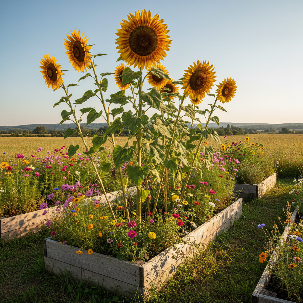 Giant Striped sunflower plants growing in raised bed with colorful mixed flower garden background
