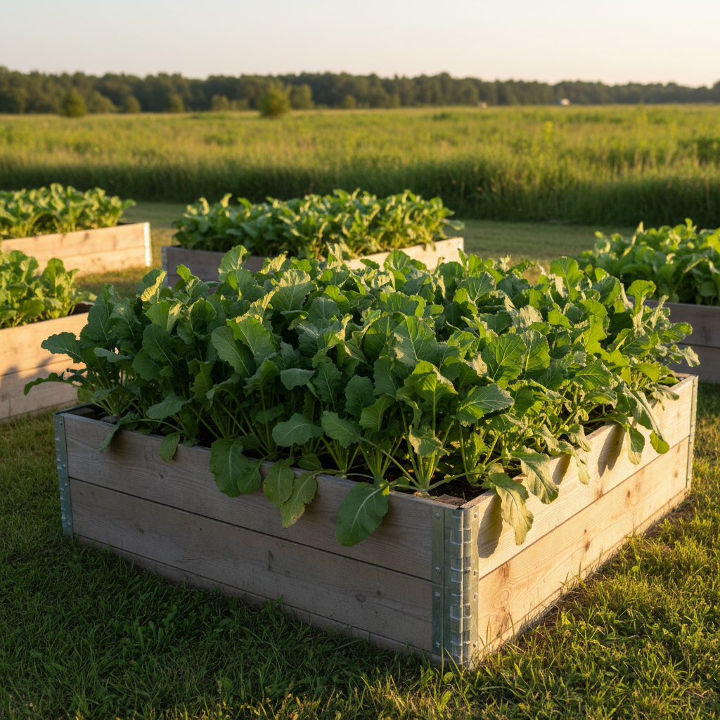 Dense Seven Top Turnip greens growing in an angled raised bed with roots underground, indistinct vegetation, and a distant treeline.