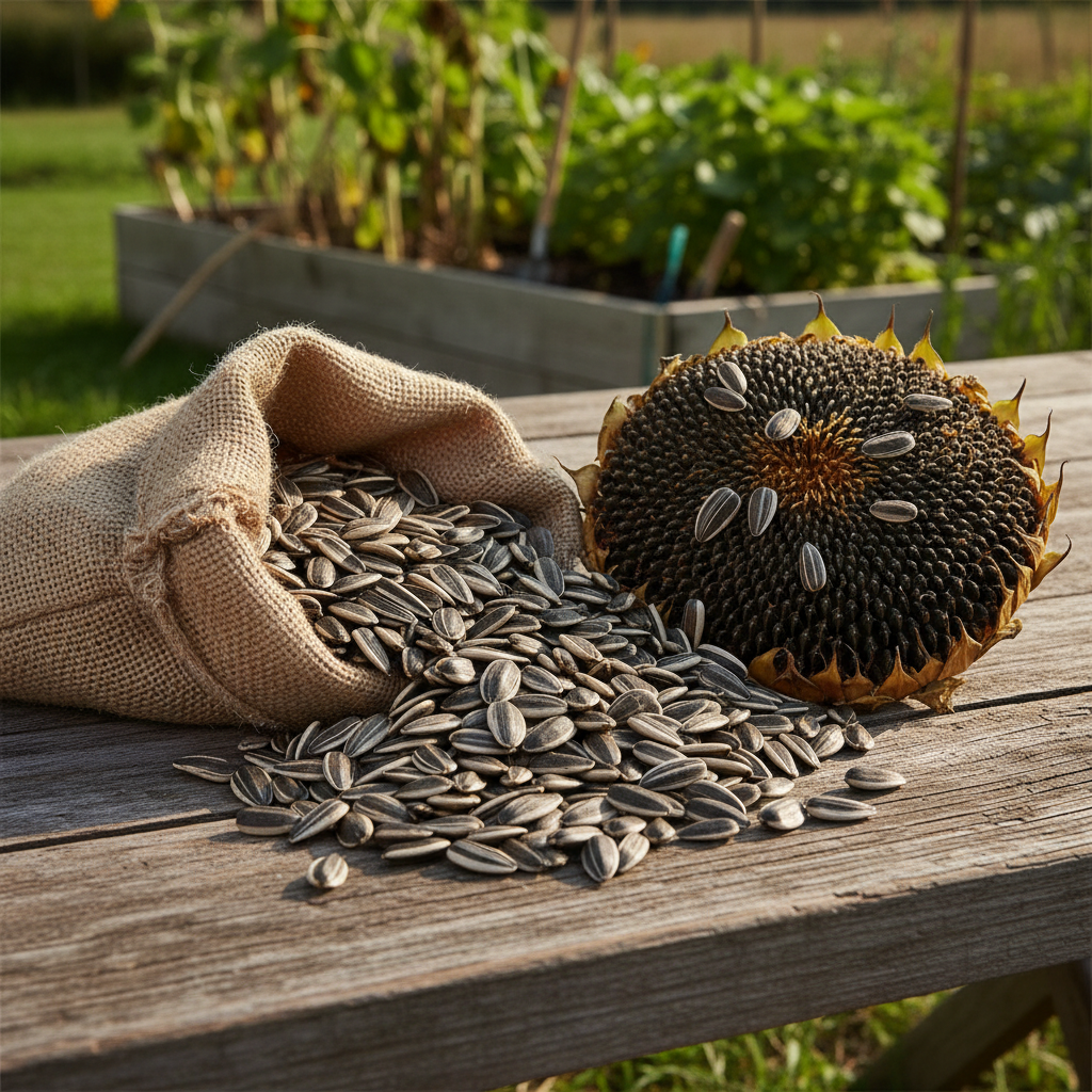 Giant Striped sunflower seeds and dried sunflower head on rustic wooden table with garden background