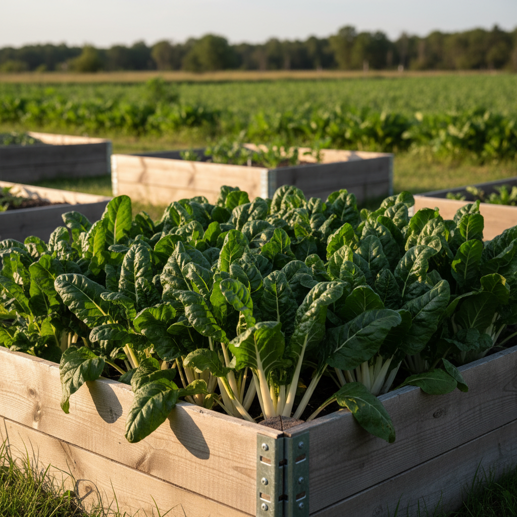 Barese Dark Green Smooth Leaf Swiss Chard with broad smooth dark leaves and pale stems growing in an angled raised bed with indistinct vegetation and a distant treeline.