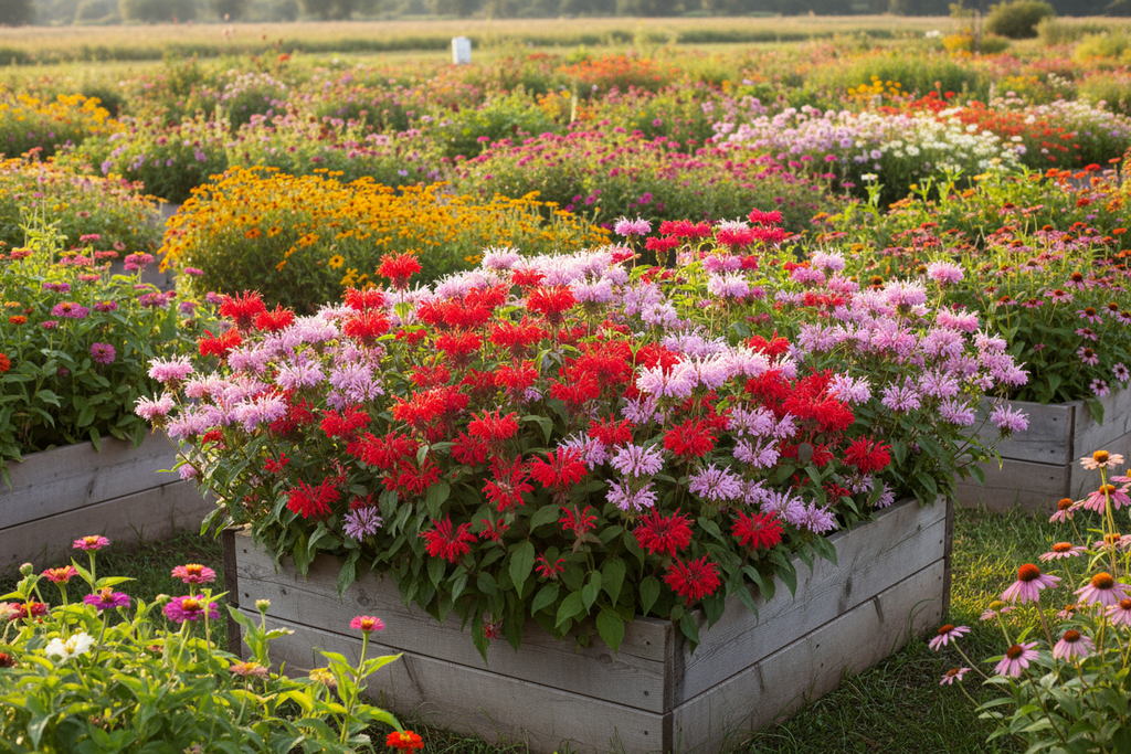 Bee balm mix growing in raised bed with colorful mixed flowers in surrounding beds