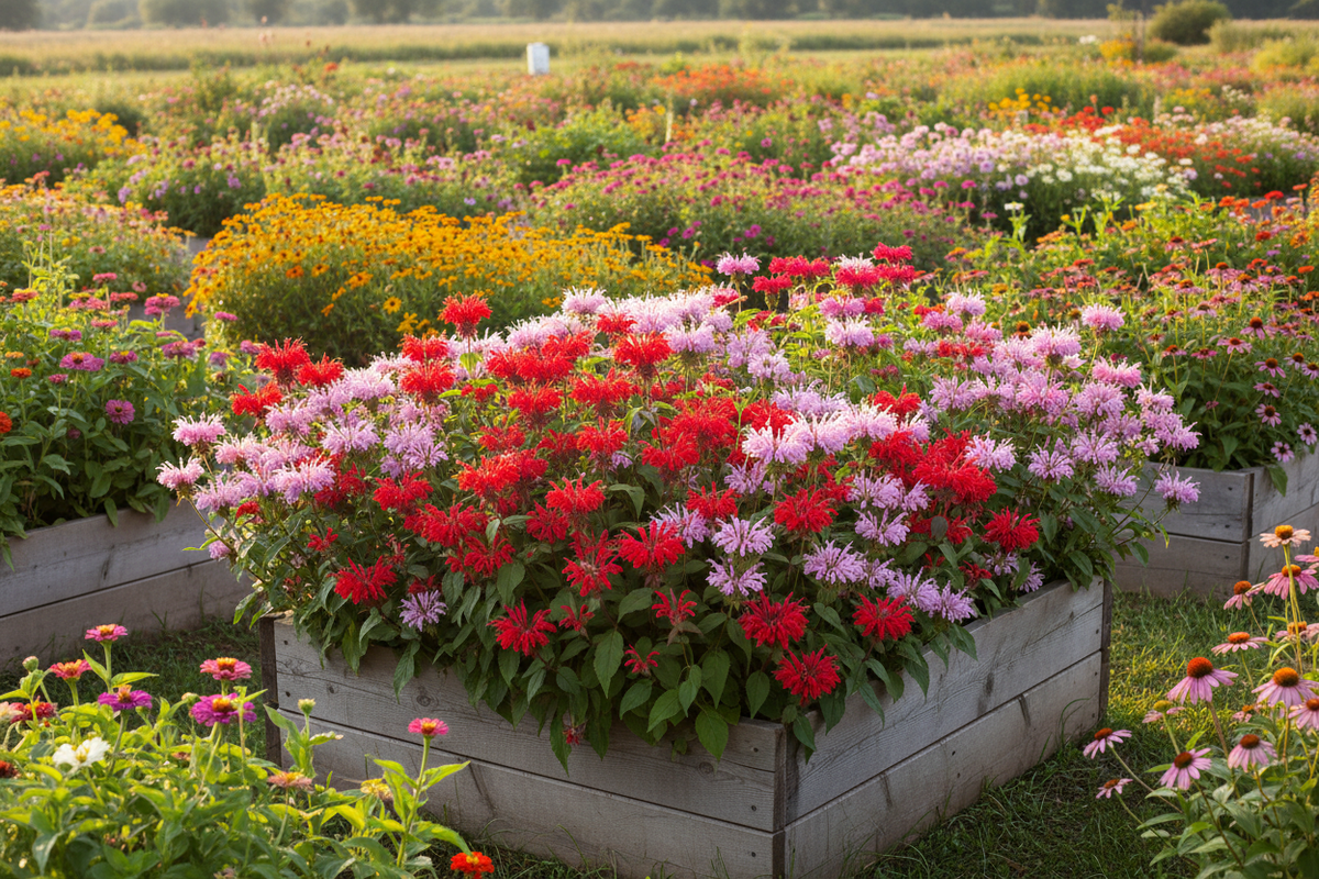 Bee balm mix growing in raised bed with colorful mixed flowers in surrounding beds