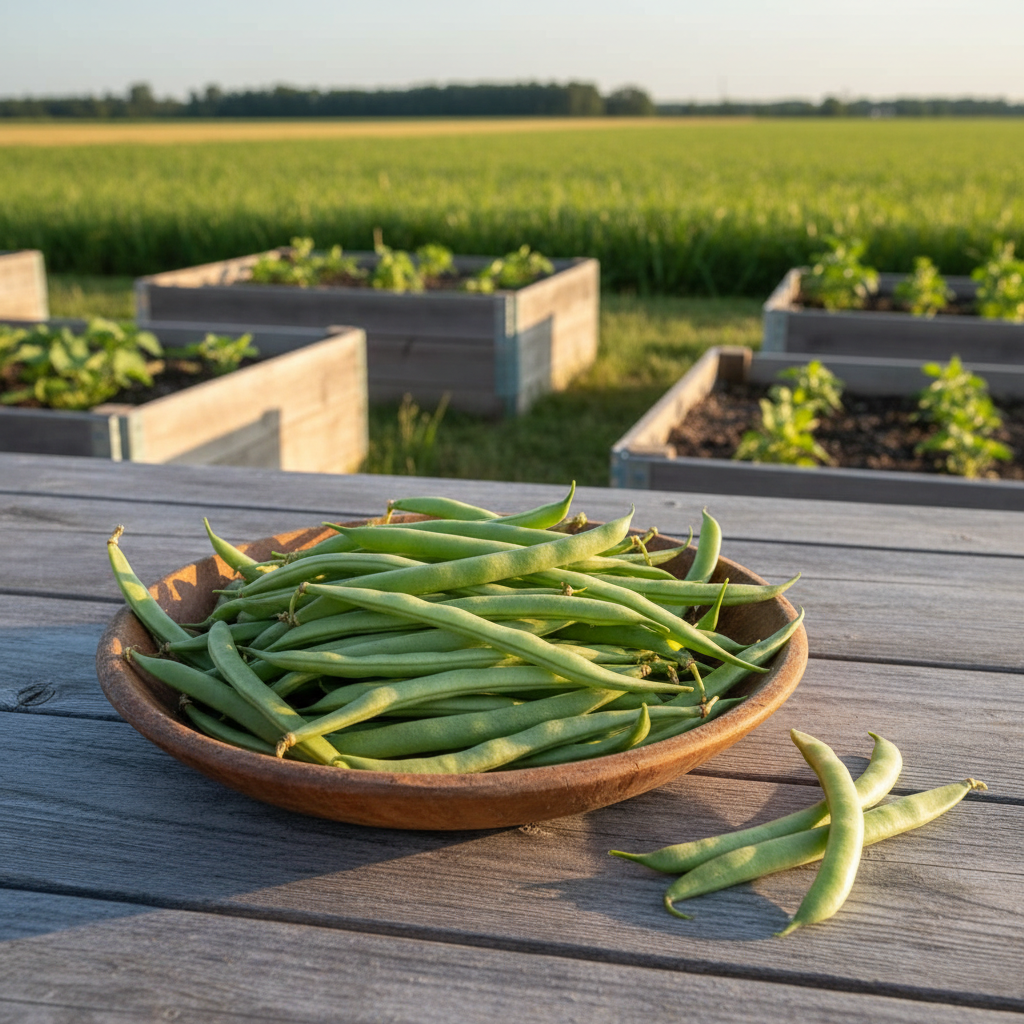 Fresh Kentucky Blue green bean pods on a rustic farm table