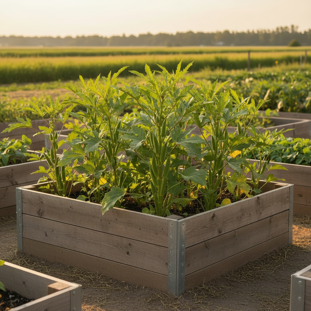 Tall bushy Star of David okra plants with green ribbed pods growing in an angled raised bed with indistinct vegetation and a distant treeline.