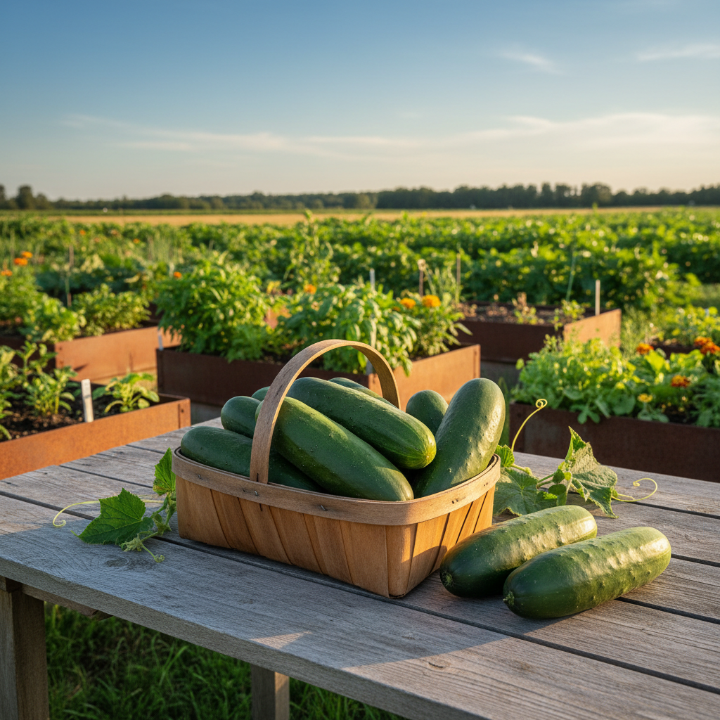 Freshly harvested Straight 8 cucumbers in a basket on a rustic farm table