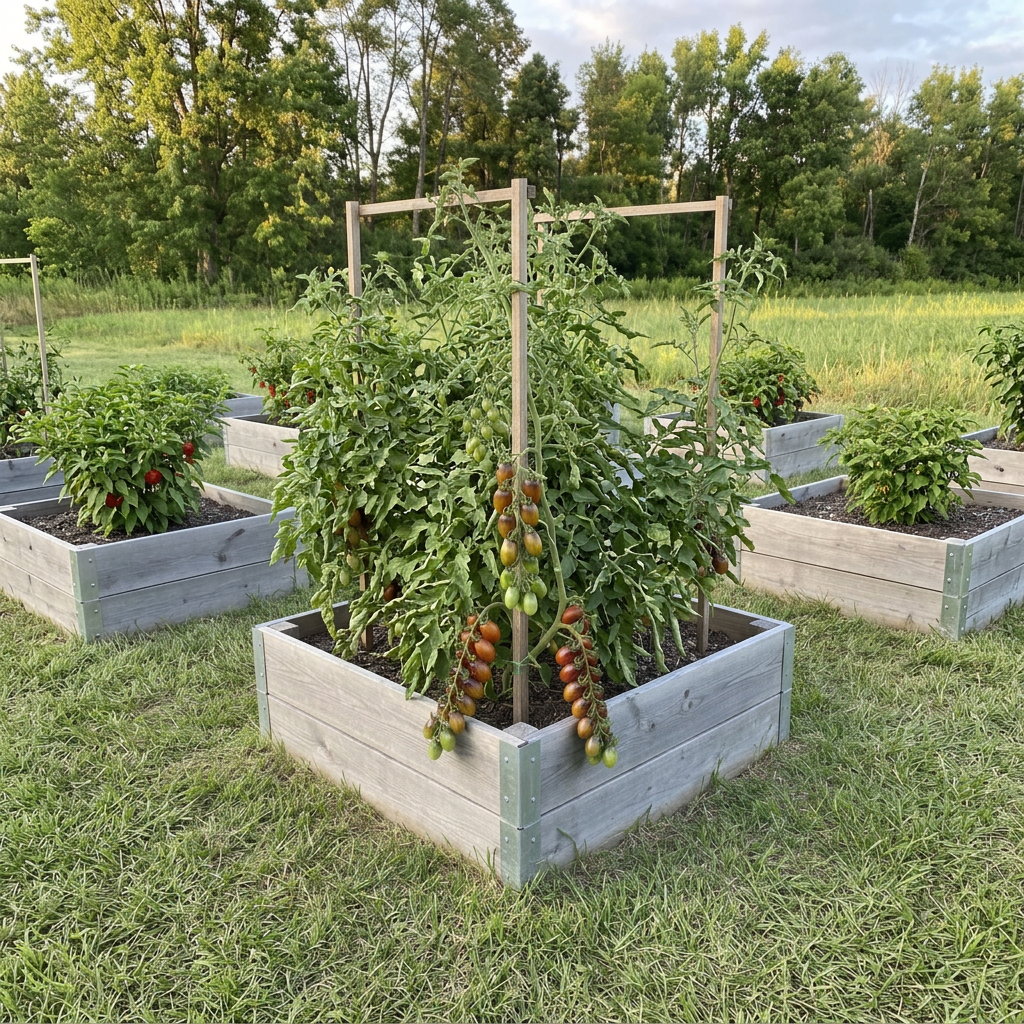 Leafy Brad's Atomic Grape tomato plants supported in a grey wooden raised bed.