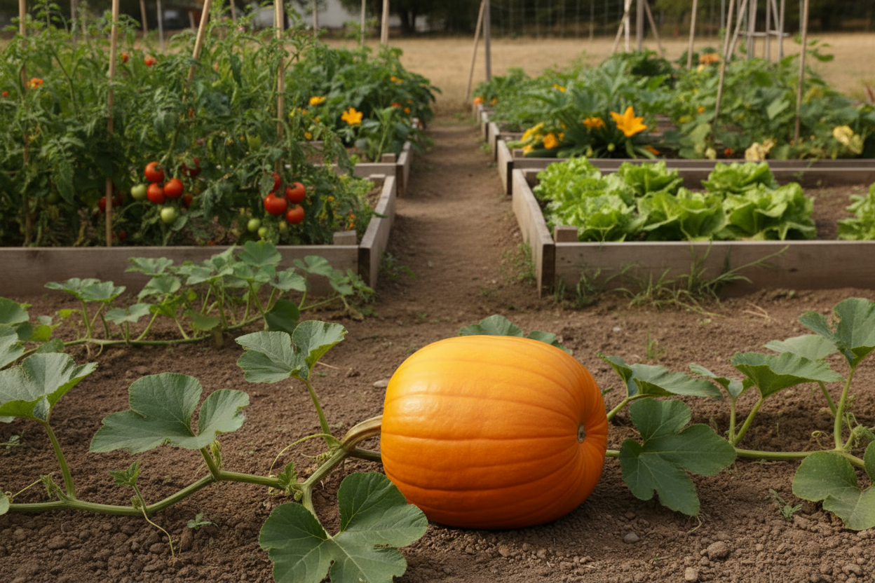 Mammoth Gold Pumpkin on Vine with Raised Beds