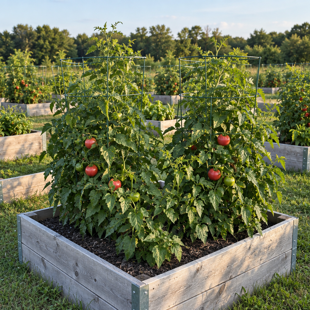 Mid-sized Giant Crimson tomatoes growing