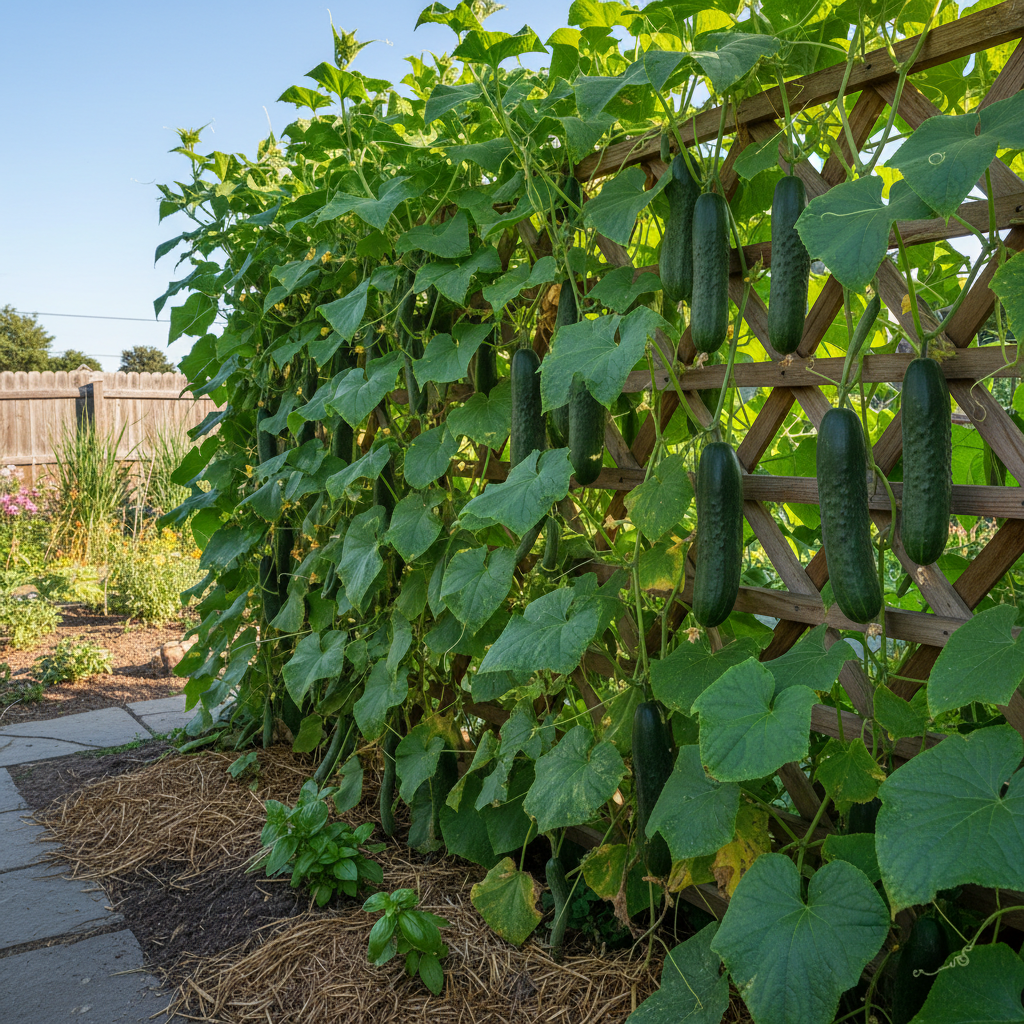 Poinsett 76 cucumber vines on trellis