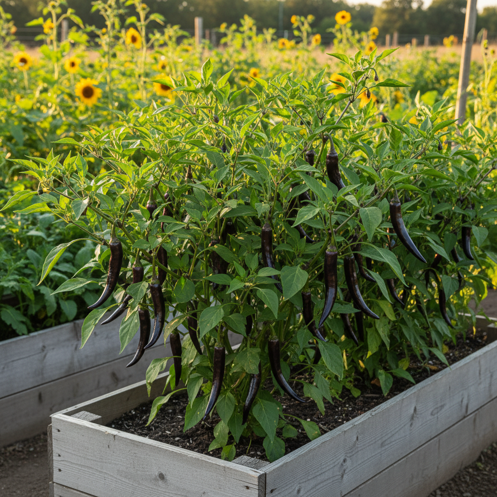 Purple Cayenne peppers growing on the plant