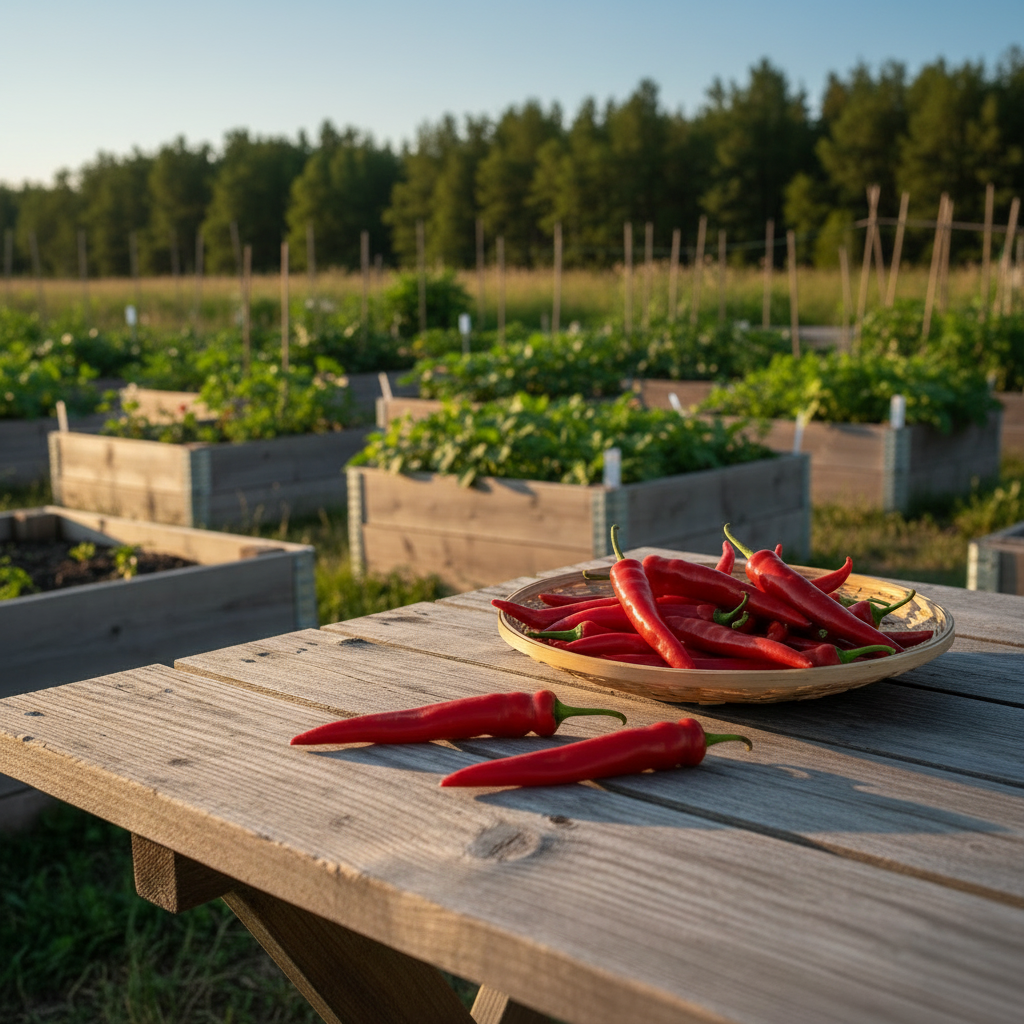 Red cayenne harvest basket with a closer treeline and more raised beds