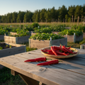 Red cayenne harvest basket with a closer treeline and more raised beds