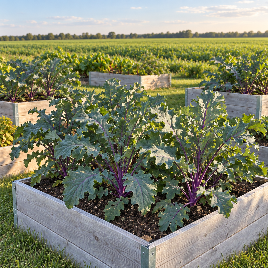Red Russian kale growing with a distant treeline
