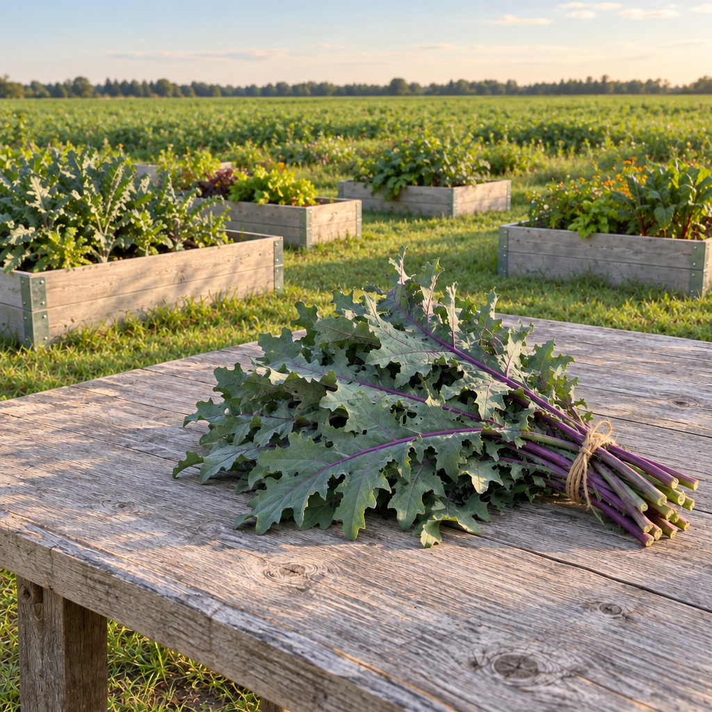Red Russian kale harvest with a visible green field