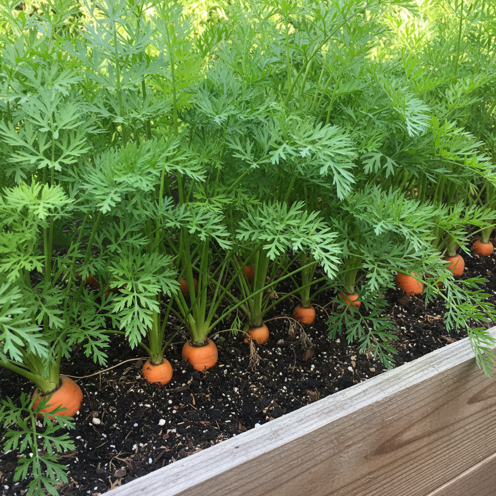 Scarlet Nantes carrots growing in raised garden bed