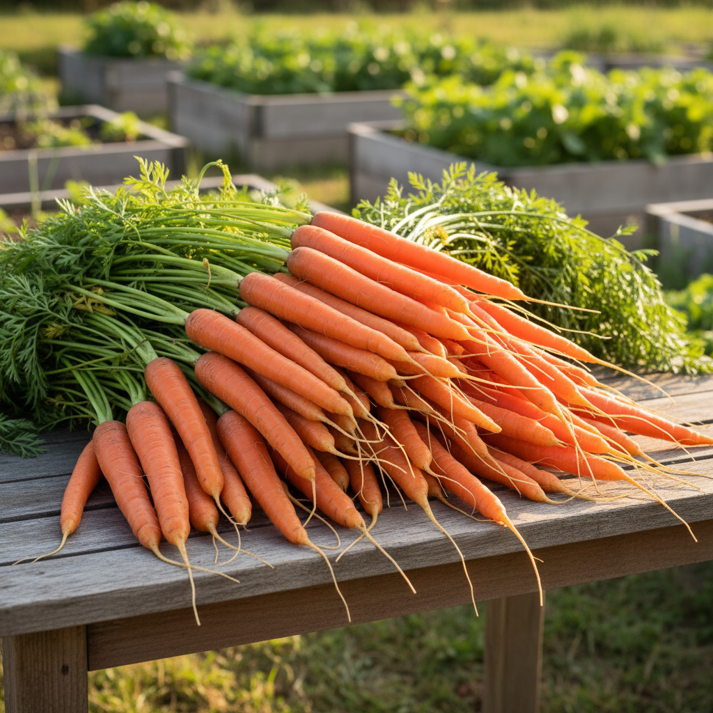 Scarlet Nantes carrots on rustic outdoor table