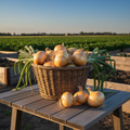 Walla Walla Sweet onions in a wicker basket on a garden table