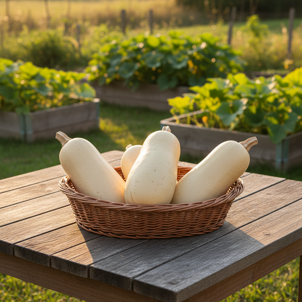 Winter Spaghetti Squash harvest with raised beds in background